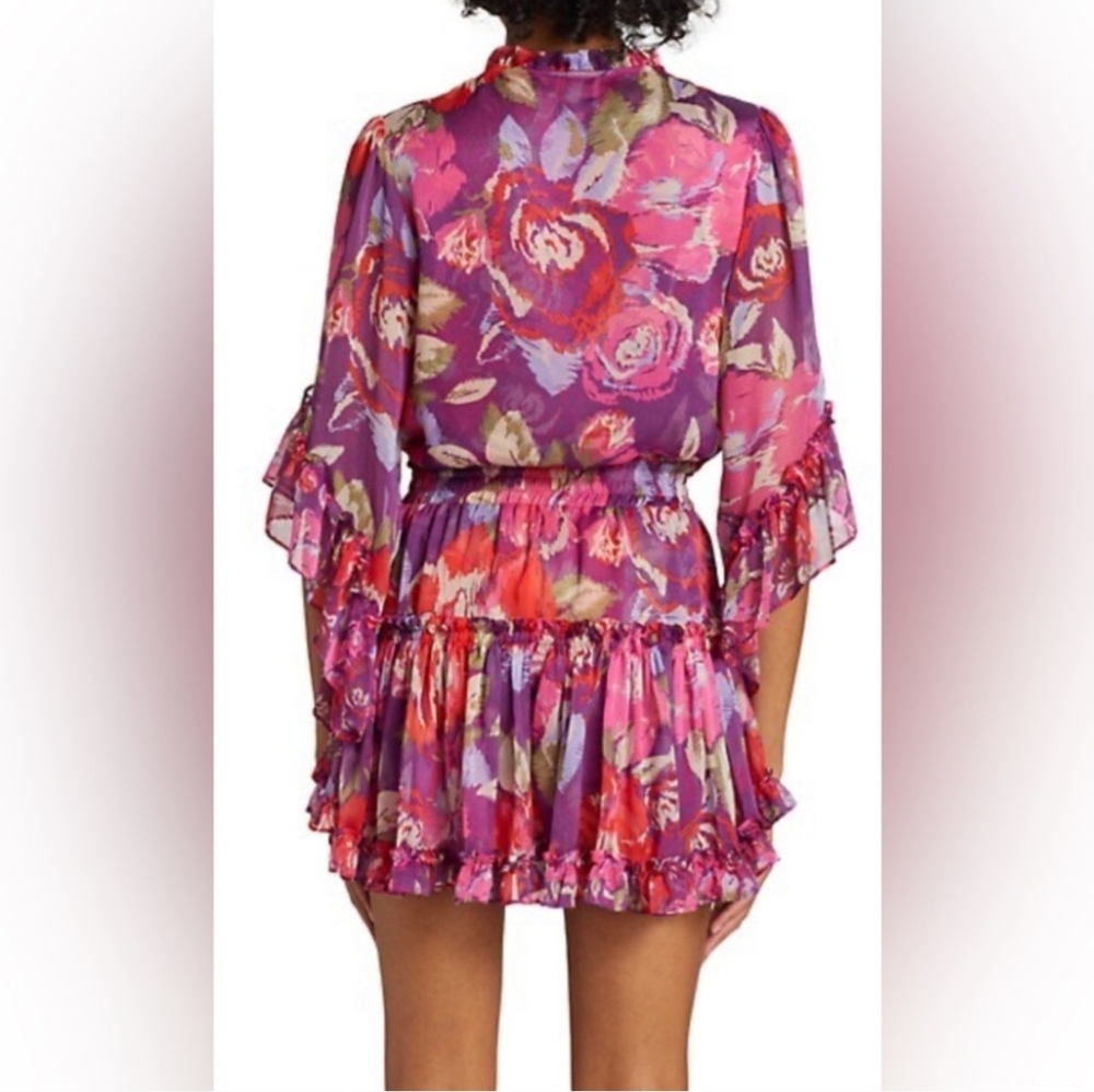 Misa Los Angeles Ximena Vibrant Pink & Purple Cinched Waist Ruffled Sheer Mini - Picture 6 of 7